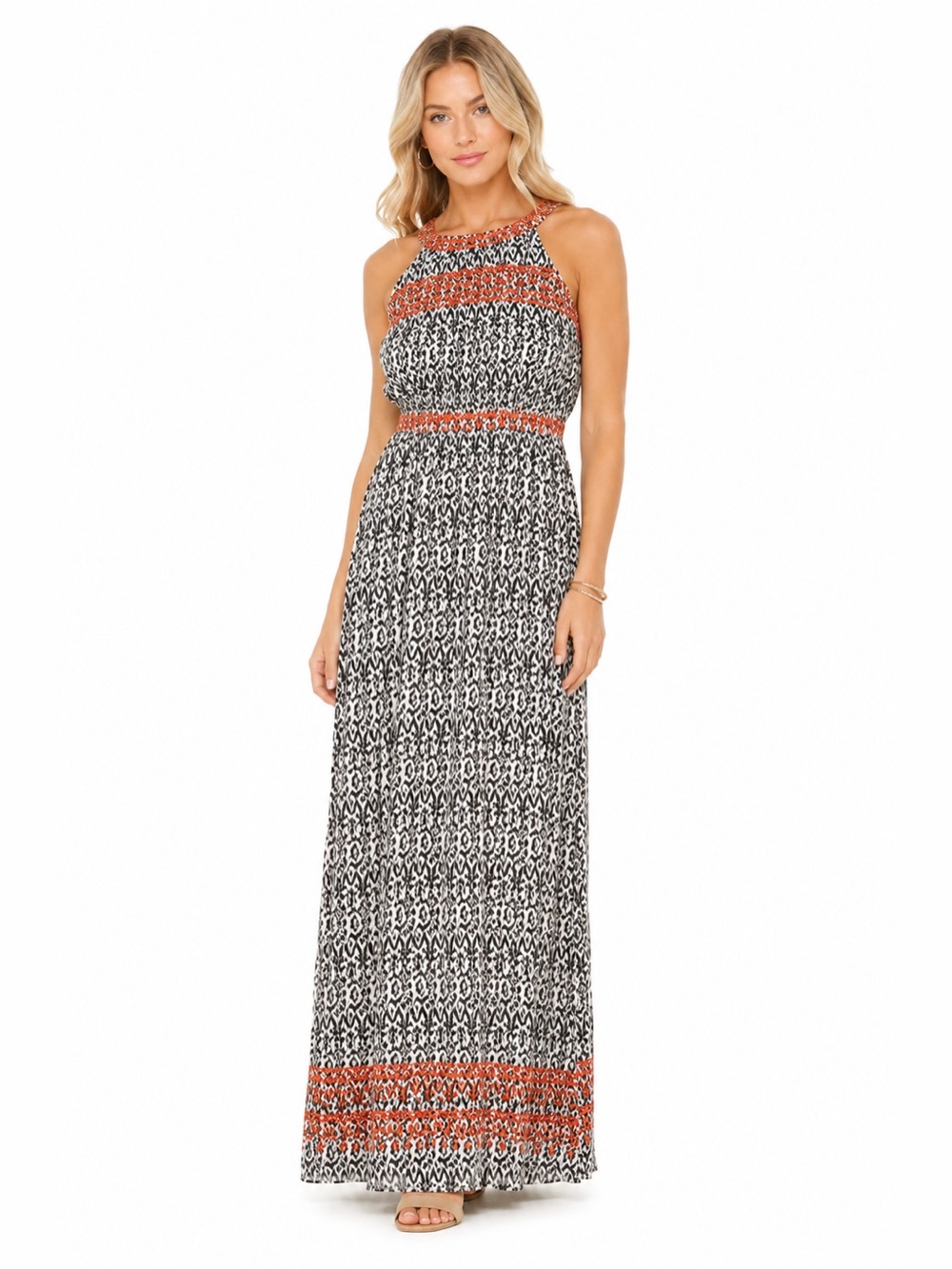 THML Size Small Embroidered Patterned Maxi Boho
Sleeveless Dress Black & White